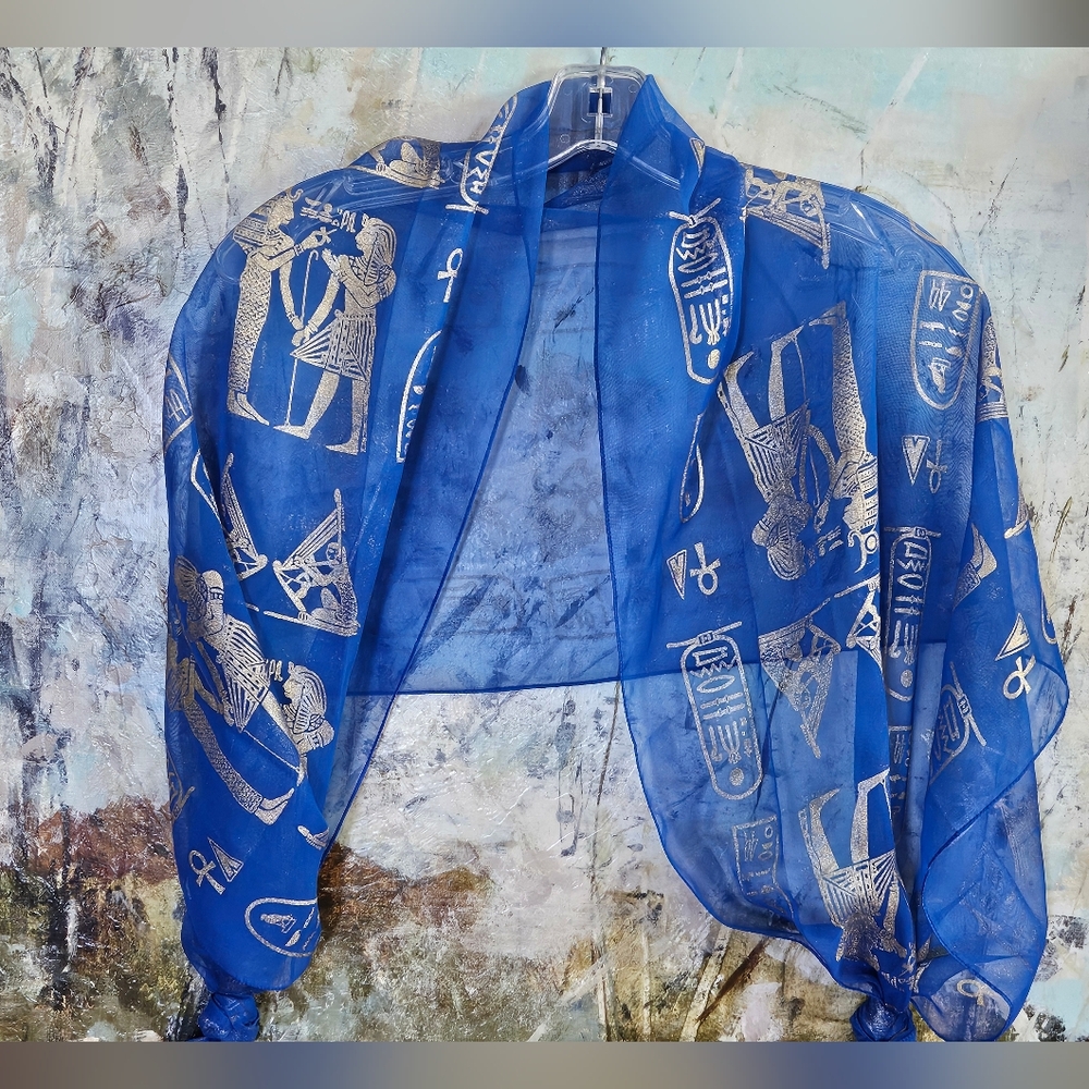VTG Style Sheer Rectangular Scarf 55"x 20" Cobalt Blue & Gold Egyptian Motifs
